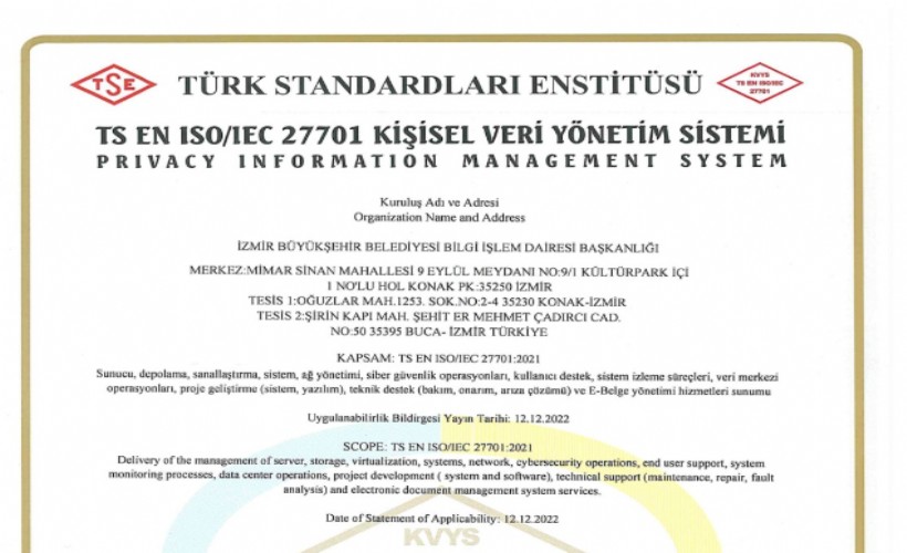 İzmir Büyükşehir Belediyesi ISO 27701 standardına sahip oldu