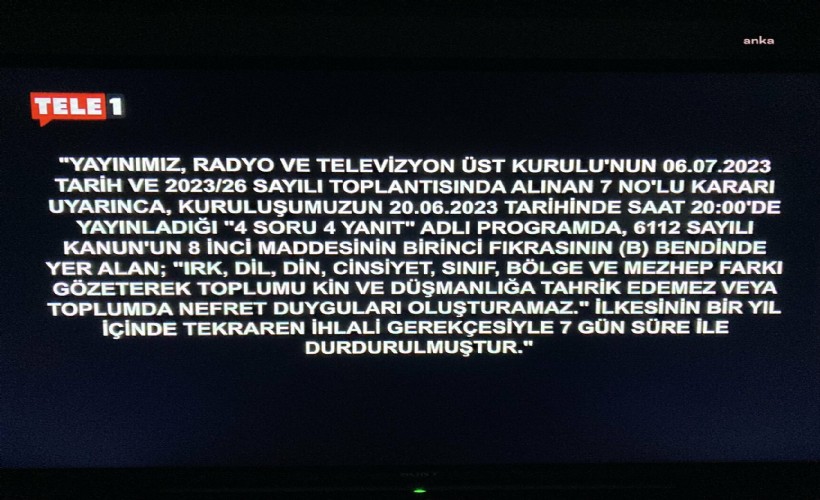 RTÜK cezası uygulanmaya başladı! Tele 1 ekranı 7 gün boyunca kapalı