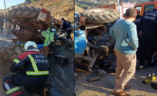 Efeler'de kum yüklü traktör devrildi: 2 yaralı