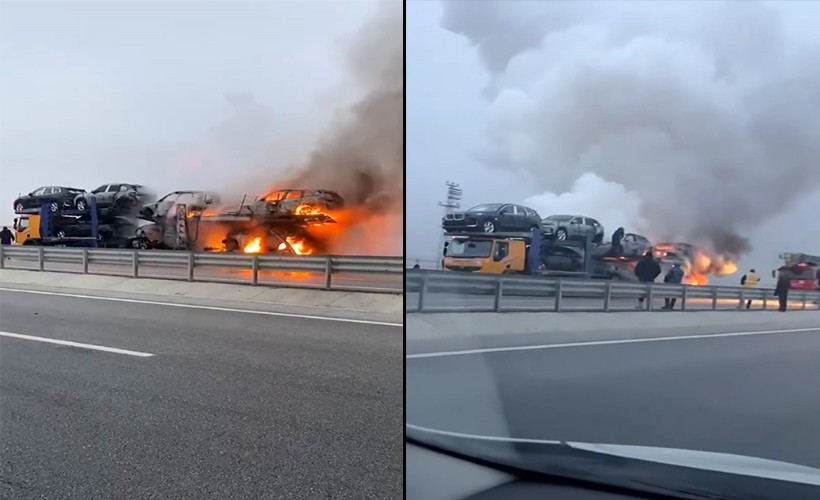 Sıfır araç taşınan TIR'da yangın çıktı