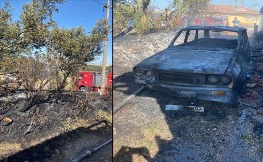 Otlukta çıkan yangın, park halindeki otomobile de sıçradı