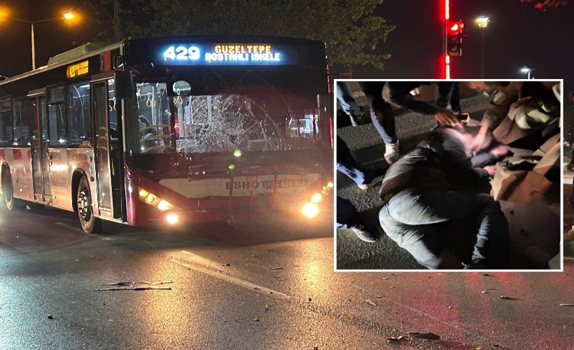 İzmir’de belediye otobüsü motokuryeye çarptı: Metrelerce sürüklendi!