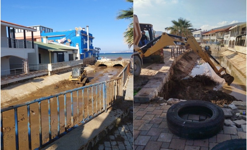 Foça’da rekor yağış sonrası dere temizliği ve alt yapı çalışmaları hız kazandı