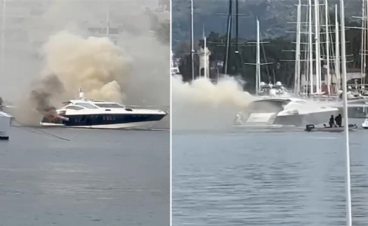 Bodrum'da marinada bağlı motoryat yandı; o anlar kamerada