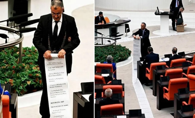 CHP'li Akay 54 metrelik listeyle kürsüye çıktı, çoklu maaş alanların isimlerini açıkladı