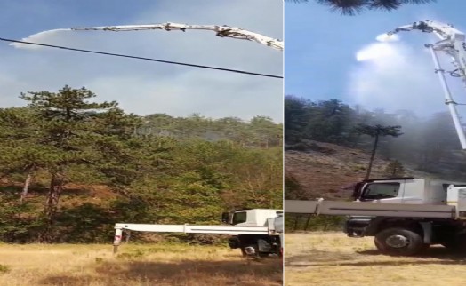 Beton pompasıyla alevlere su sıktılar