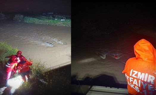 Menderes'te araç dereye uçtu, İzmir İtfaiyesi seferber oldu