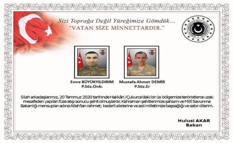 Hakkari’den acı haber: 2 askerimiz şehit oldu